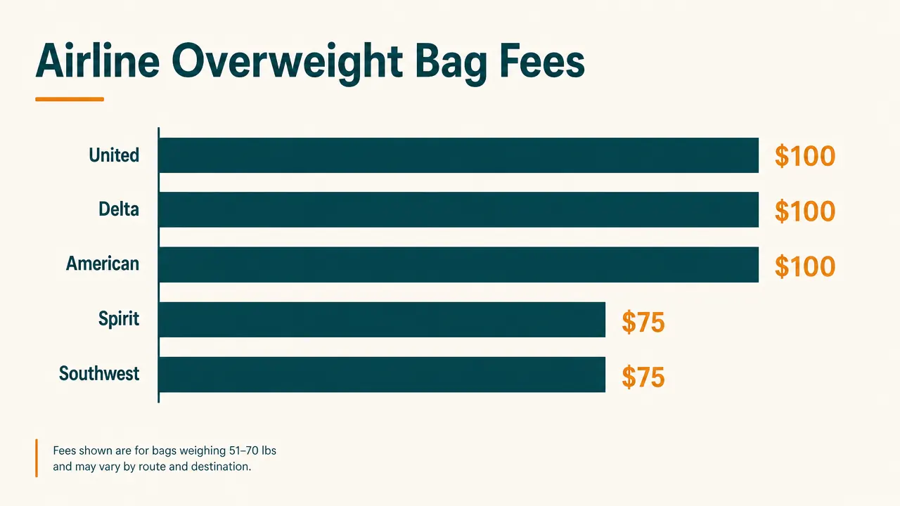 Chart comparing typical airline overweight bag fees across major US carriers, ranging from $50 to $200 per bag