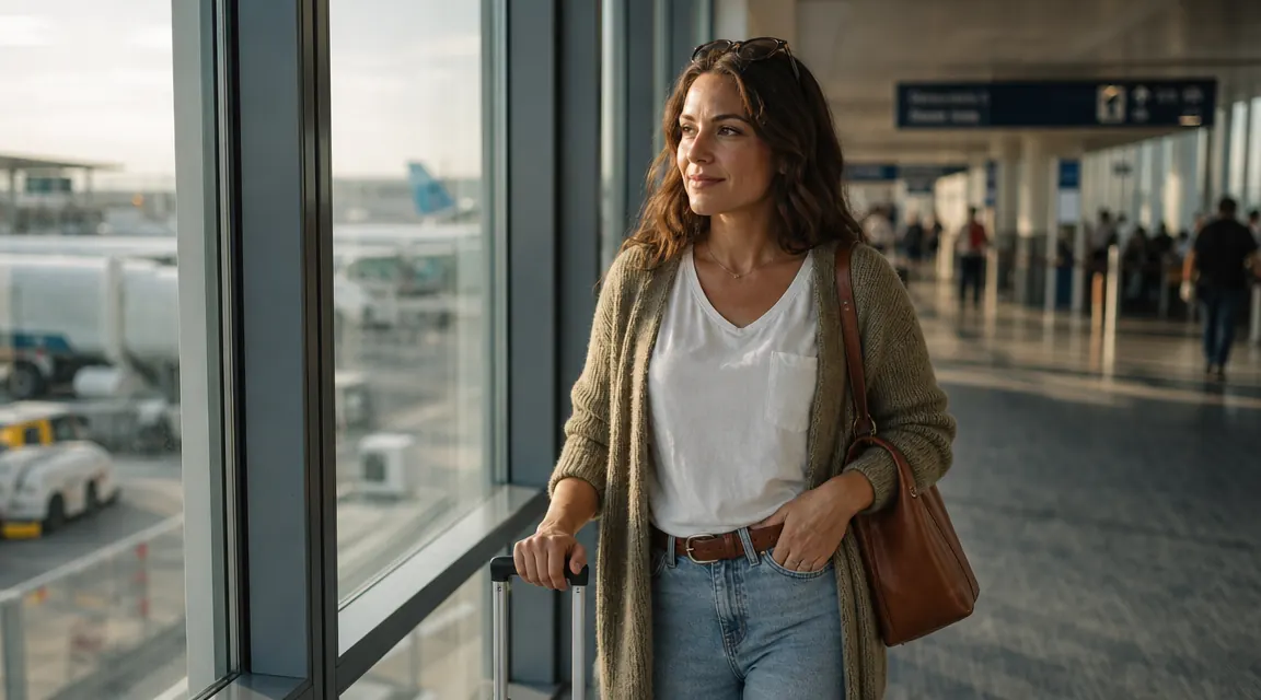 Woman standing at an airport gate holding a carry-on bag, looking relaxed and ready to board