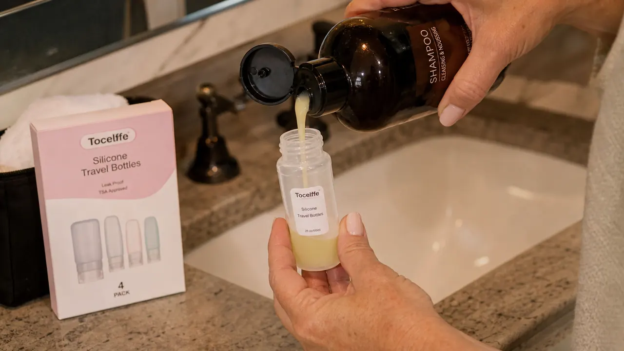 Hand filling a small silicone squeeze bottle with shampoo from a full-size bottle