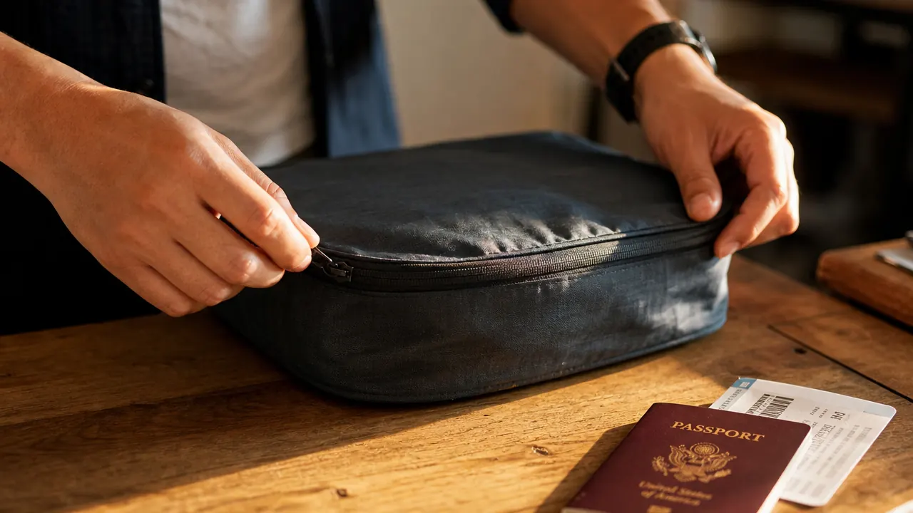 Traveler zipping a packed Amazon Essentials packing cube shut on a wooden table before a trip