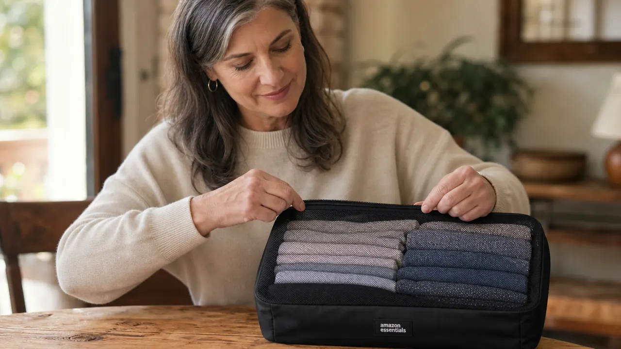 Hands zipping a black mesh packing cube filled with folded clothes