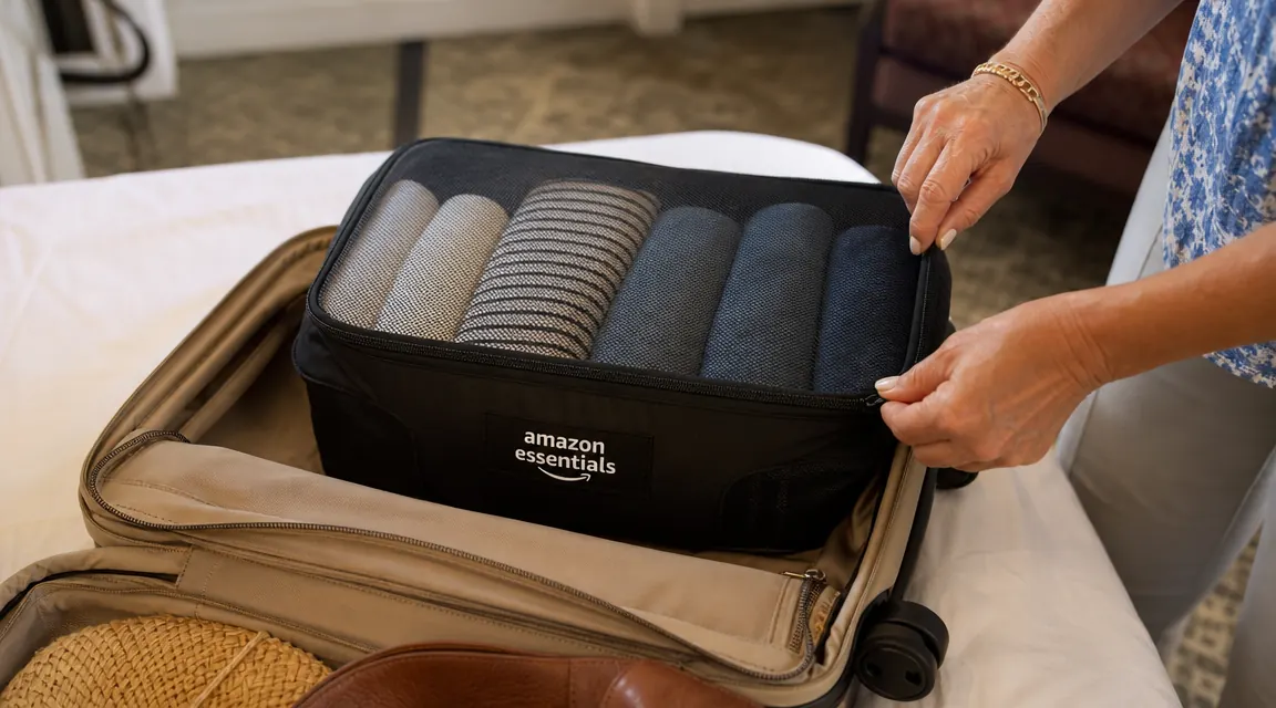 Hands zipping closed a black Amazon Essentials packing cube stuffed with rolled shirts inside a hard-shell carry-on suitcase