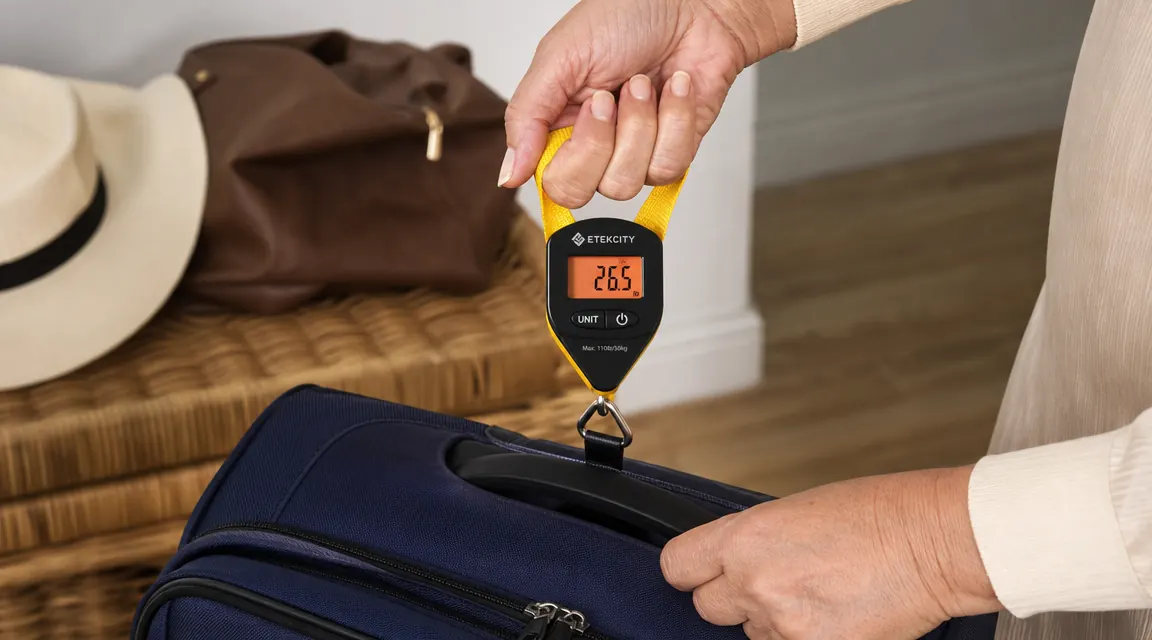 Hand gripping the Etekcity luggage scale strap while lifting a checked bag, LCD display clearly visible