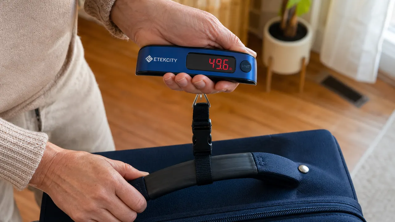 Close-up of the Etekcity digital luggage scale strap looped around a suitcase handle, reading 49.6 lbs on the display