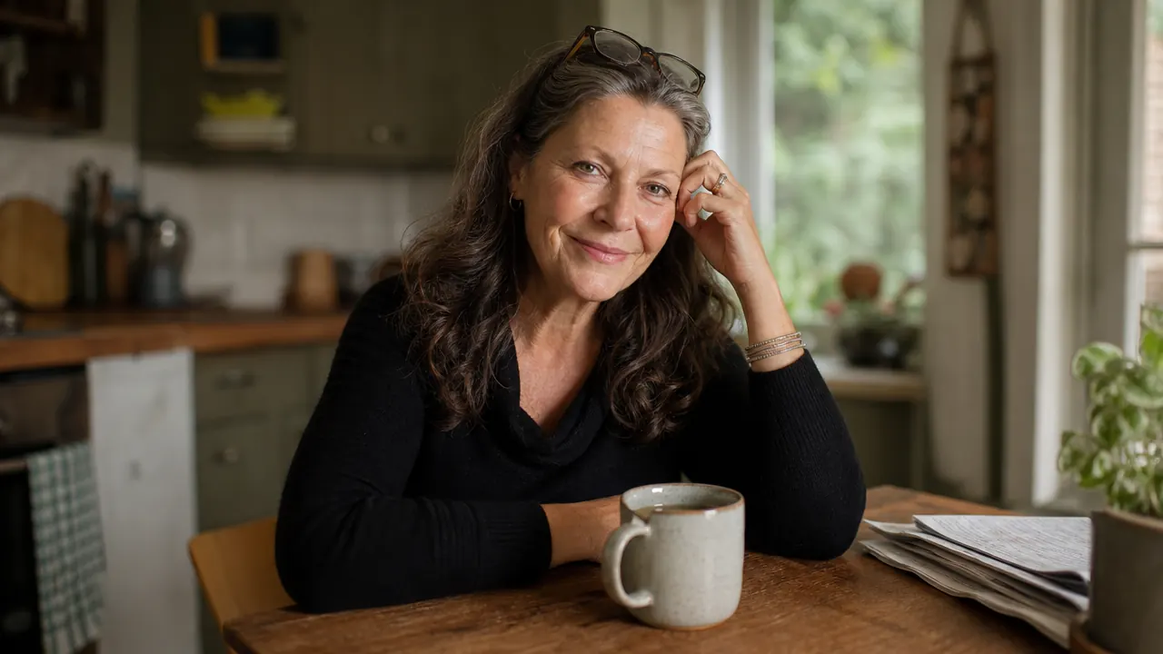Woman sitting at a kitchen table with a cup of tea, smiling warmly at the camera, relaxed at-home atmosphere