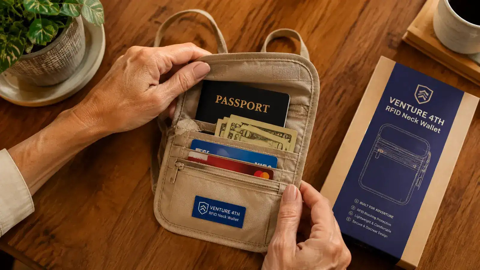 VENTURE 4TH RFID neck wallet laid flat showing passport, two credit cards, and folded bills fitting inside