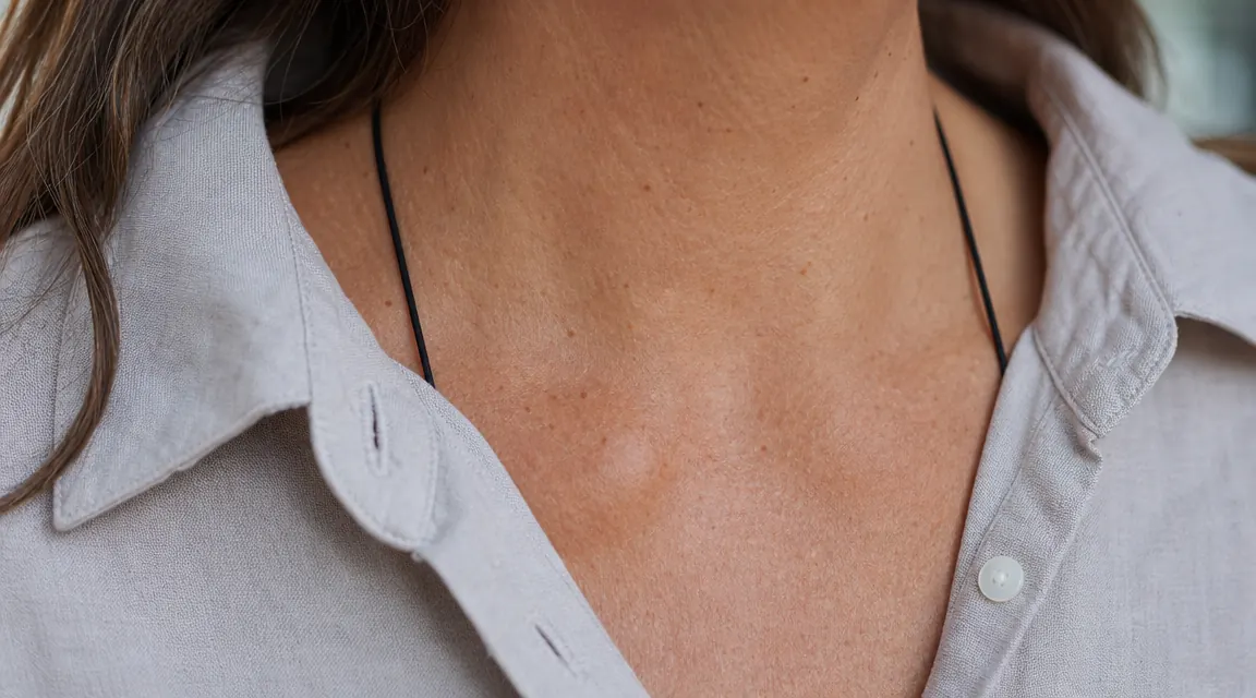 Close-up of neck wallet cord tucked discreetly under a woman's light linen travel shirt, barely visible