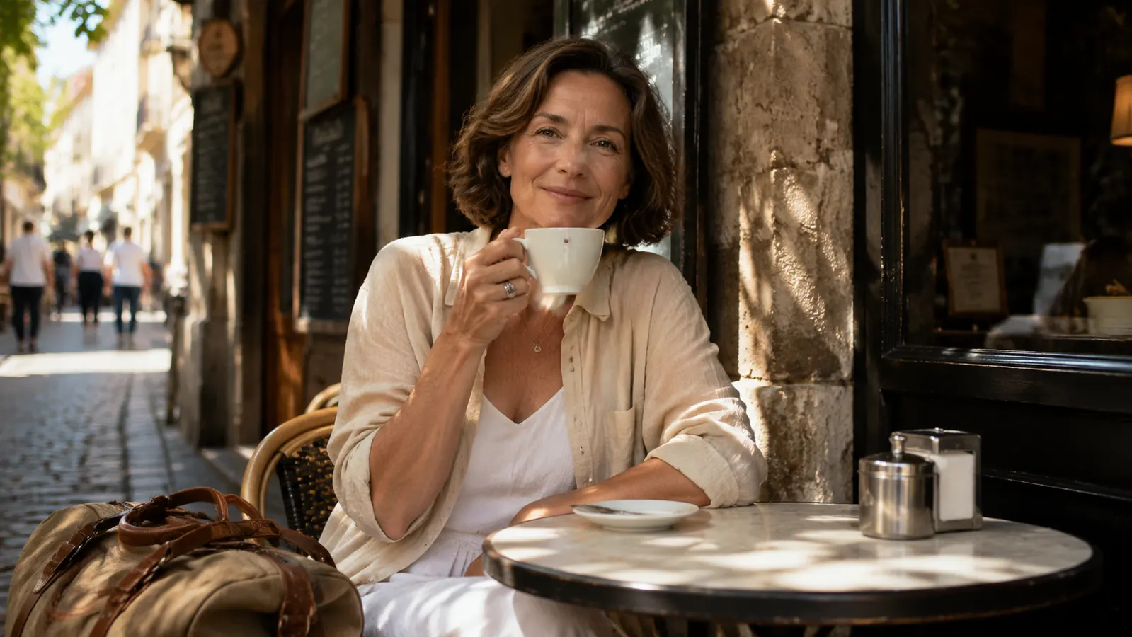 Woman sitting at a small outdoor cafe table in a European city, smiling, coffee in hand, looking at ease