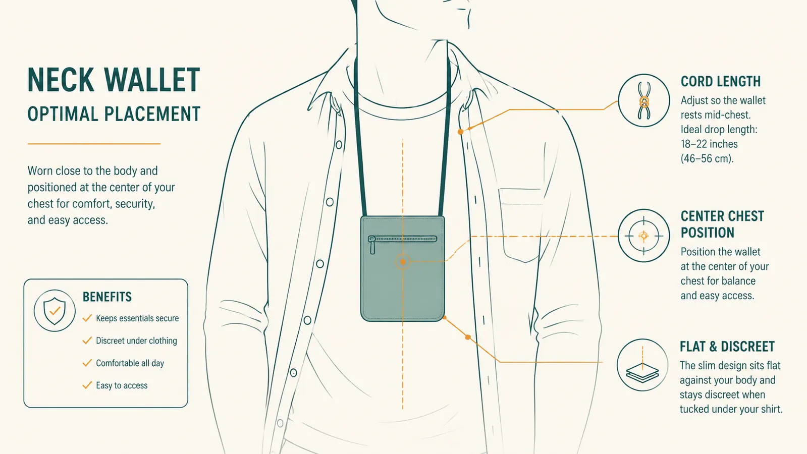 Diagram showing correct neck wallet placement: centered on the chest, cord tucked under collar, pouch flat against sternum