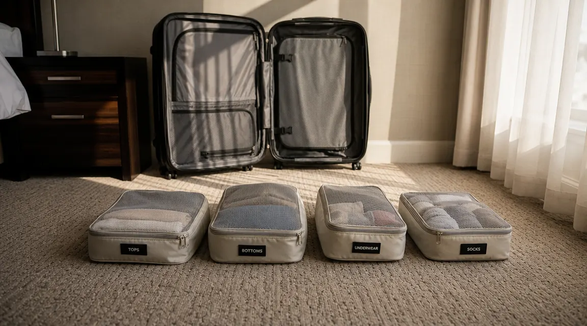 Four packing cubes laid out on a hotel room floor next to an empty suitcase, ready to be unpacked