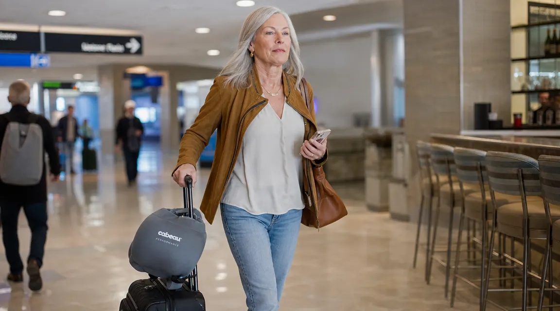 Traveler walking through an airport terminal with a neck pillow clipped to a carry-on bag