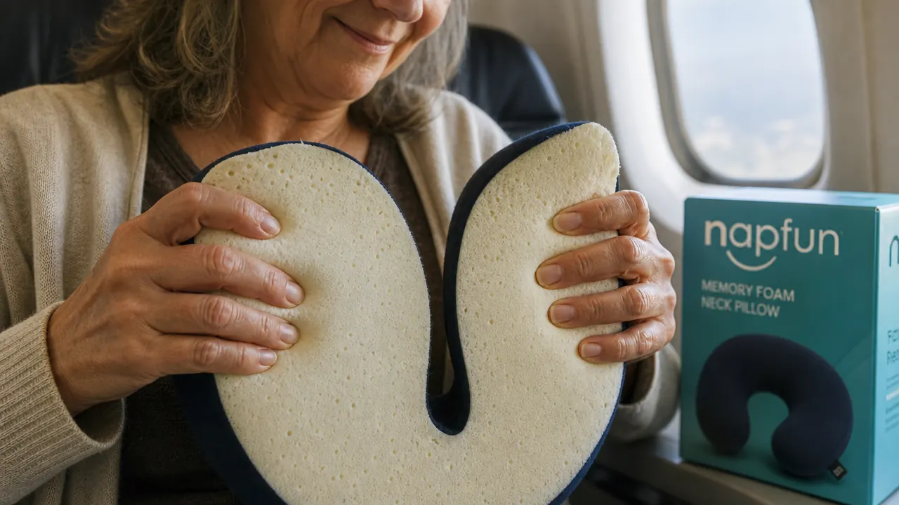 Close-up of the napfun neck pillow foam cross-section showing density and cell structure