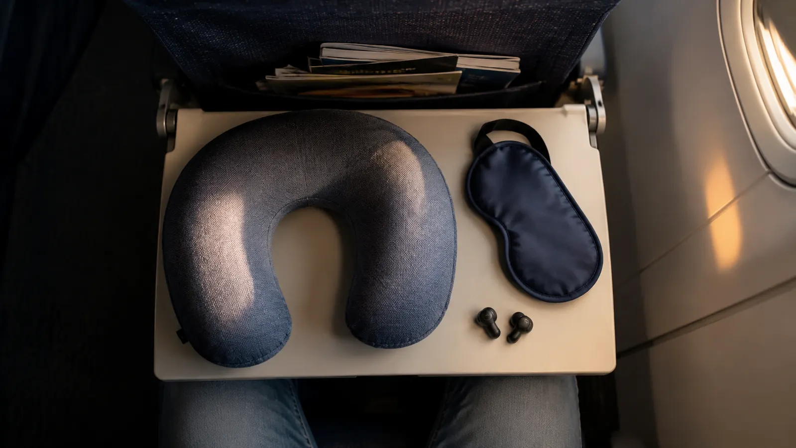 Overhead view of airplane seat tray table with a neck pillow, sleep mask, and window shade half-drawn