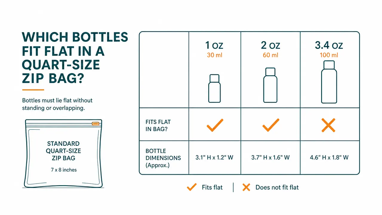 Chart comparing which silicone bottle sizes fit inside a standard TSA quart-size zip bag