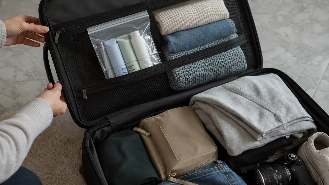 A travel toiletry bag fitting neatly inside an open carry-on suitcase alongside folded clothes