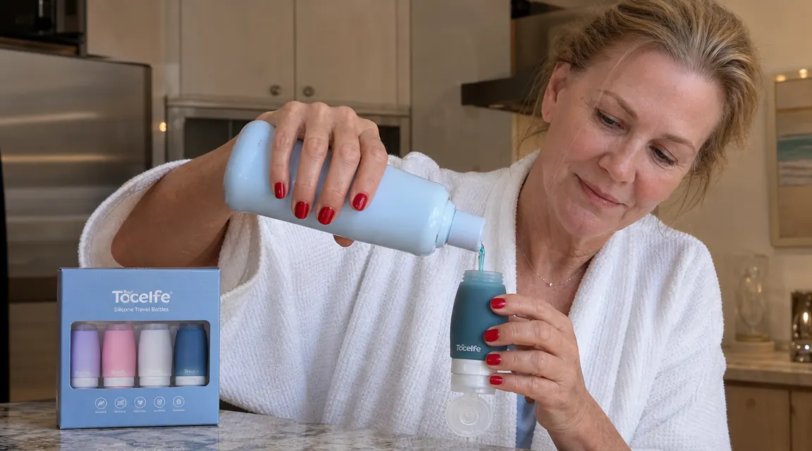 Hands filling a small silicone travel bottle with shampoo from a large home bottle