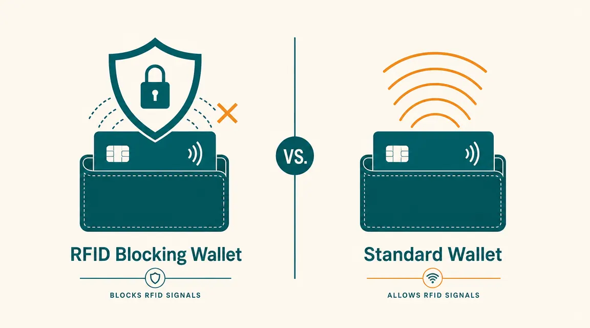 Side-by-side comparison chart showing RFID blocking coverage versus no protection for contactless payment cards