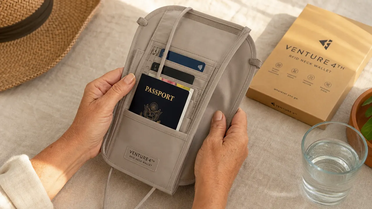 Hand holding the VENTURE 4TH neck wallet open to show card slots and passport compartment